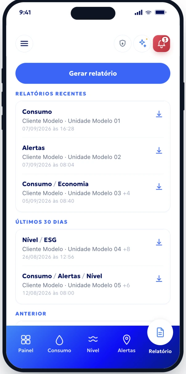Relatórios no aplicativo FOOZ: botão de gerar relatório e a lista dos relatórios recentes, dos últimos 30 dias e anteriores