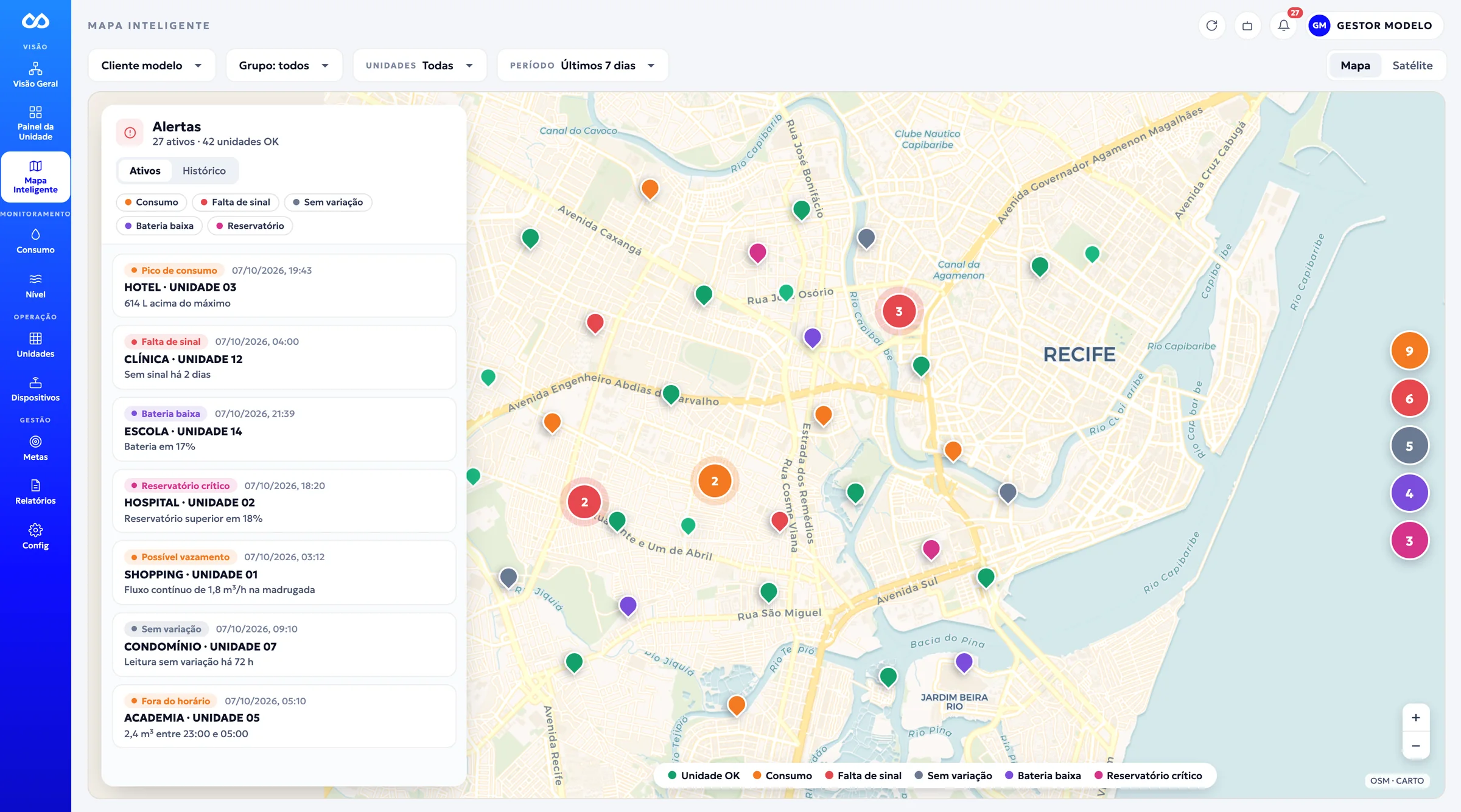 Mapa Inteligente da Plataforma FOOZ: as unidades monitoradas sobre o mapa da cidade, coloridas por status de alerta, a lista de alertas ativos ao lado e o resumo por tipo de ocorrência.