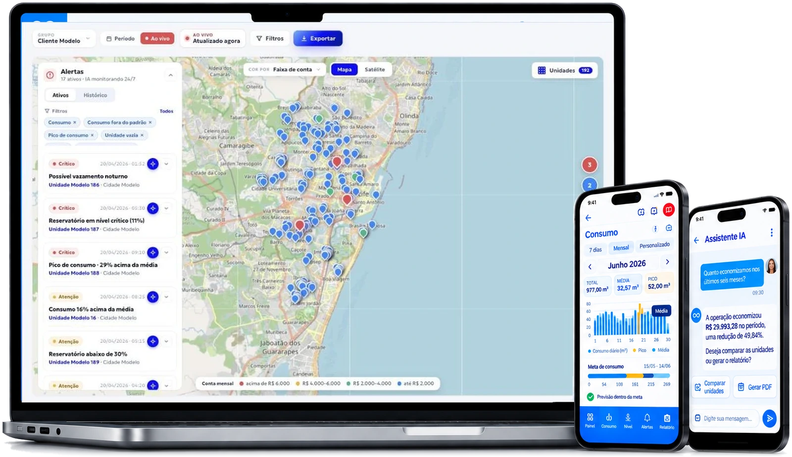 Plataforma FOOZ no notebook e no aplicativo: Mapa Operacional com as unidades da rede e os alertas ativos, consumo mensal e o Assistente IA