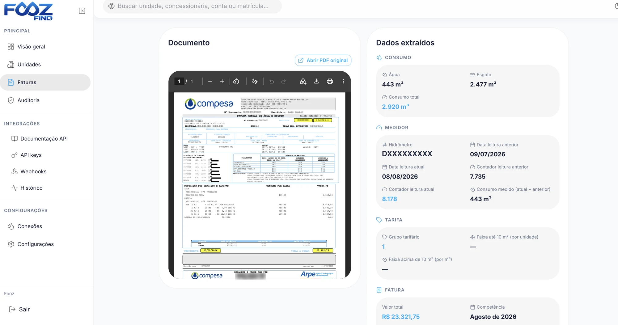 Tela de Faturas do FOOZ Find: o PDF original da conta de &aacute;gua ao lado dos dados extra&iacute;dos automaticamente &mdash; consumo de &aacute;gua e esgoto, hidr&ocirc;metro, datas de leitura, tarifa e valor total