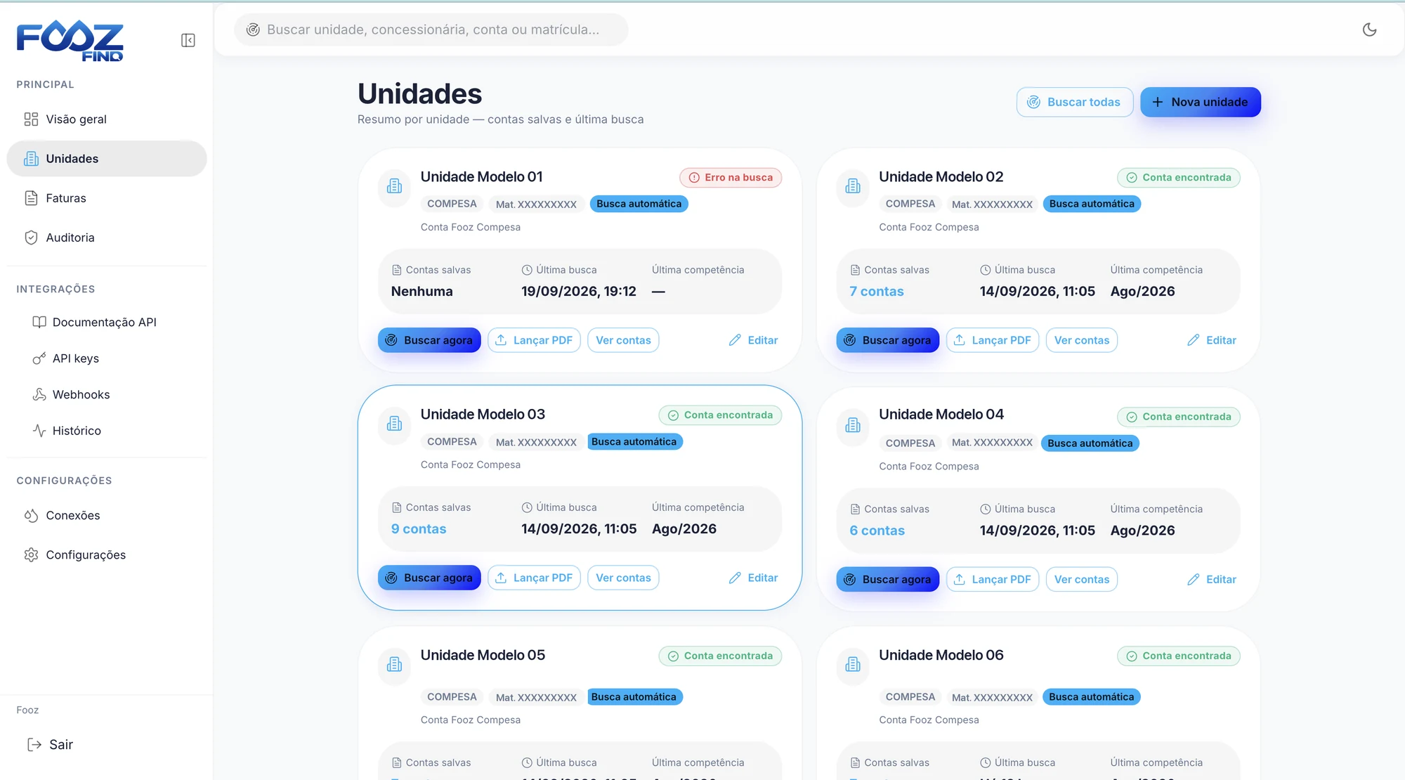 Tela de Unidades do FOOZ Find: cada unidade com concession&aacute;ria, matr&iacute;cula, contas salvas, data da &uacute;ltima busca e &uacute;ltima compet&ecirc;ncia, al&eacute;m das a&ccedil;&otilde;es Buscar agora, Lan&ccedil;ar PDF e Ver contas