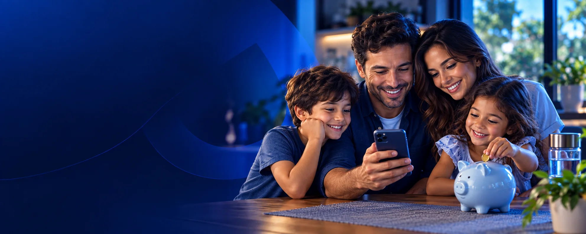 Família reunida na cozinha acompanhando a economia de água pelo celular, com a filha colocando uma moeda no cofre