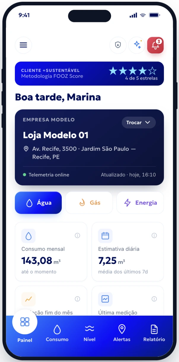 Painel do aplicativo FOOZ na unidade comercial: cartão da loja com telemetria online, seletor de água, gás e energia e os cartões de consumo do mês