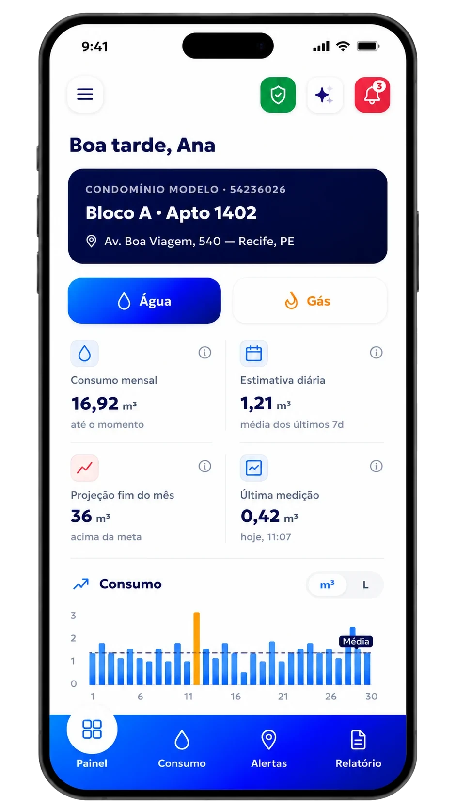 FOOZ App do morador: consumo da unidade, estimativa diária, projeção do mês e gráfico diário