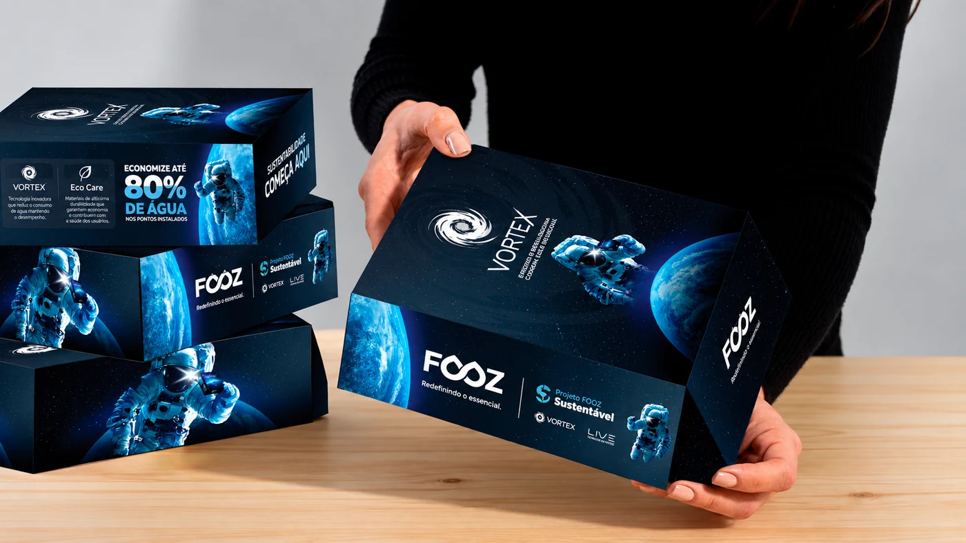 Caixas do Kit Vortex empilhadas e uma delas sendo apresentada, com a marca FOOZ