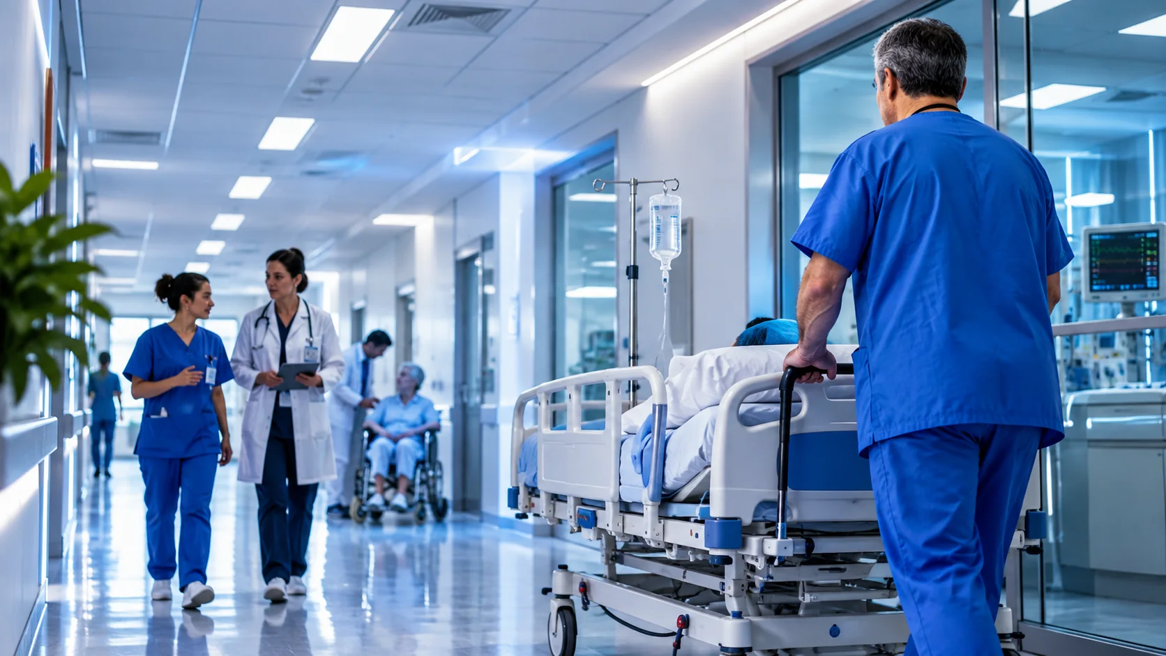 Corredor de um hospital em operação, com a equipe assistencial em atividade