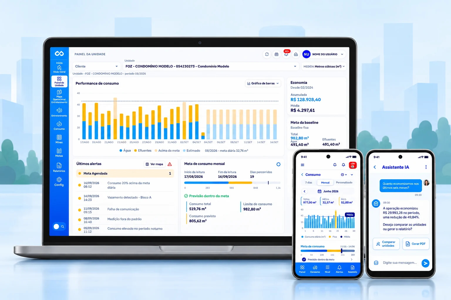 Plataforma FOOZ em um notebook, com duas telas de celular ao lado mostrando consumo e assistente de IA