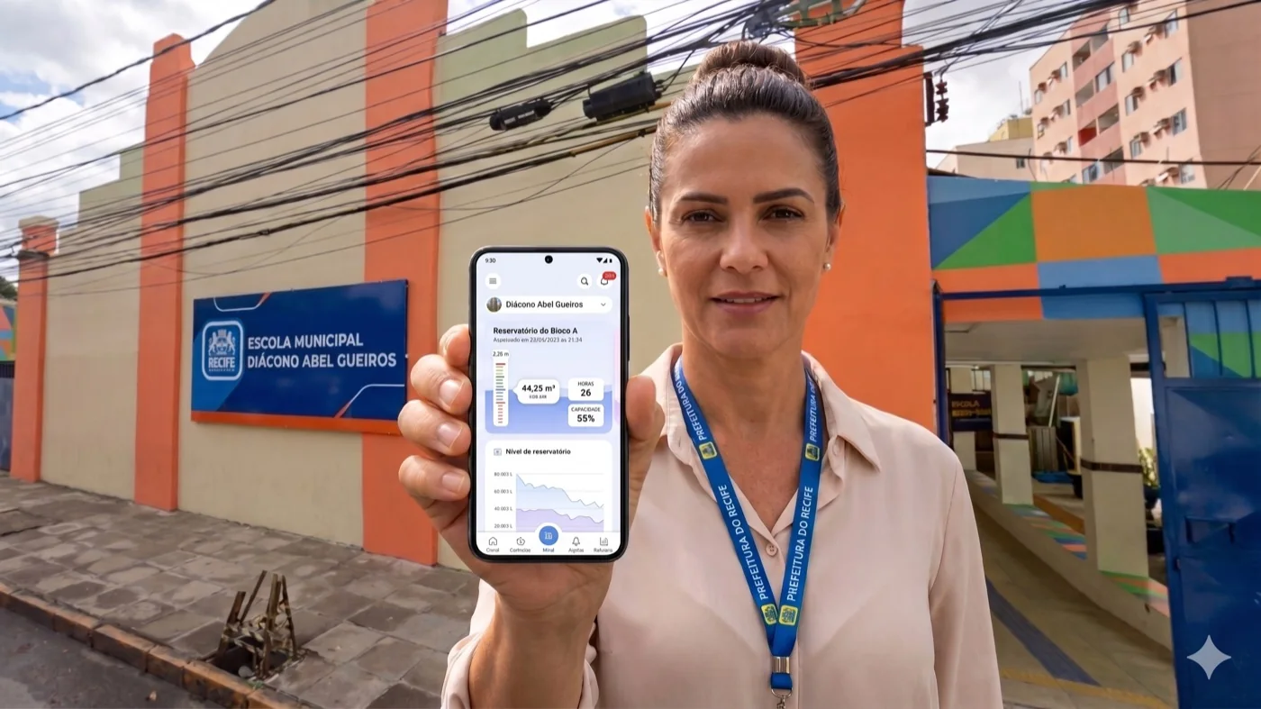 Gestora da Escola Municipal Diácono Abel Gueiros com o app FOOZ monitorando o nível do reservatório