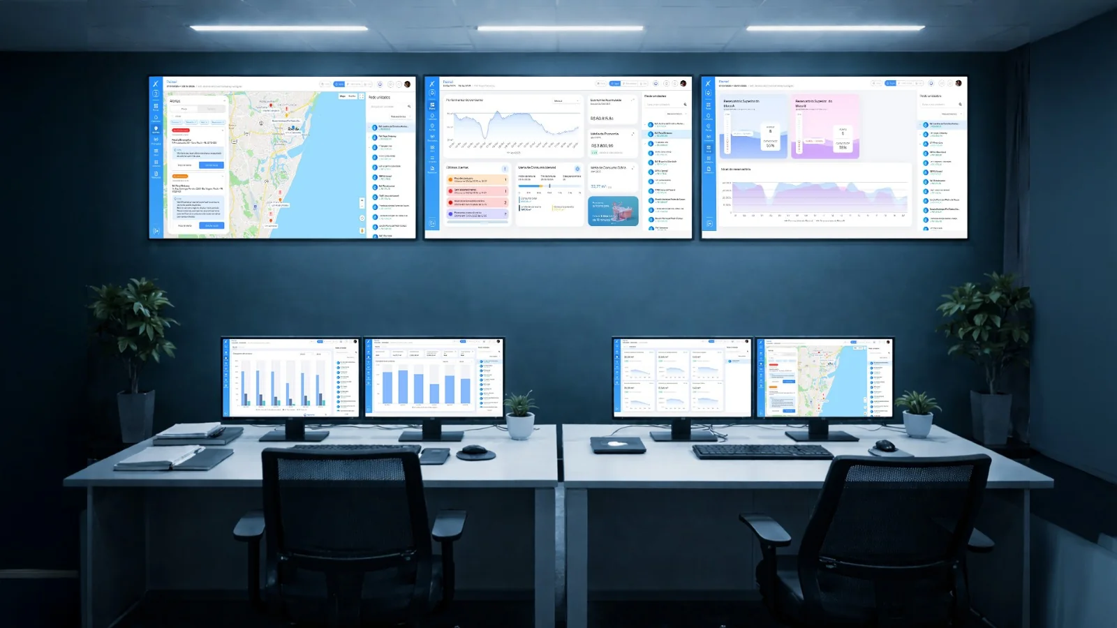 Command Center FOOZ: telões e monitores exibindo o nível dos reservatórios da rede