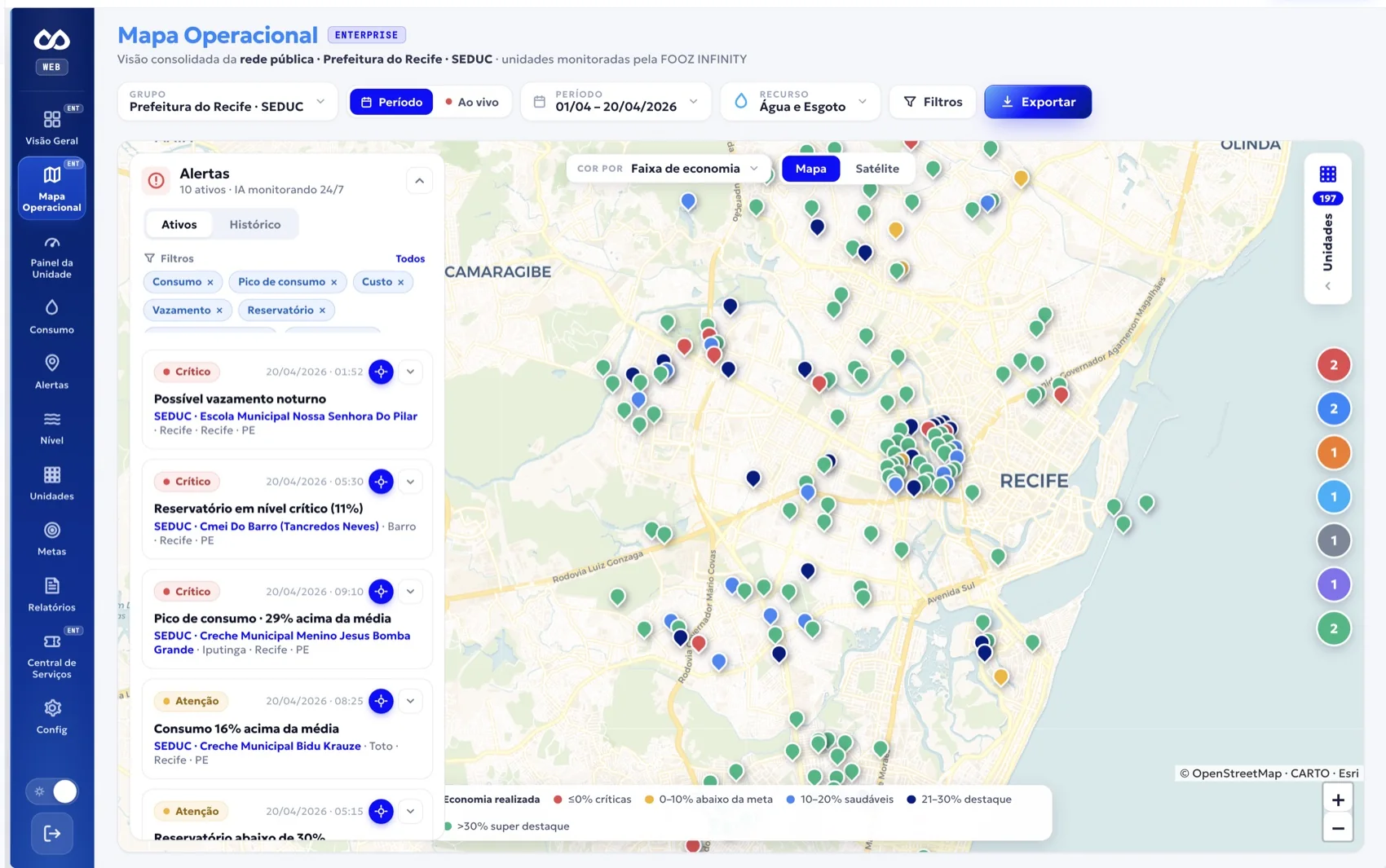 Mapa Operacional FOOZ com a rede SEDUC georreferenciada e colorida por faixa de economia